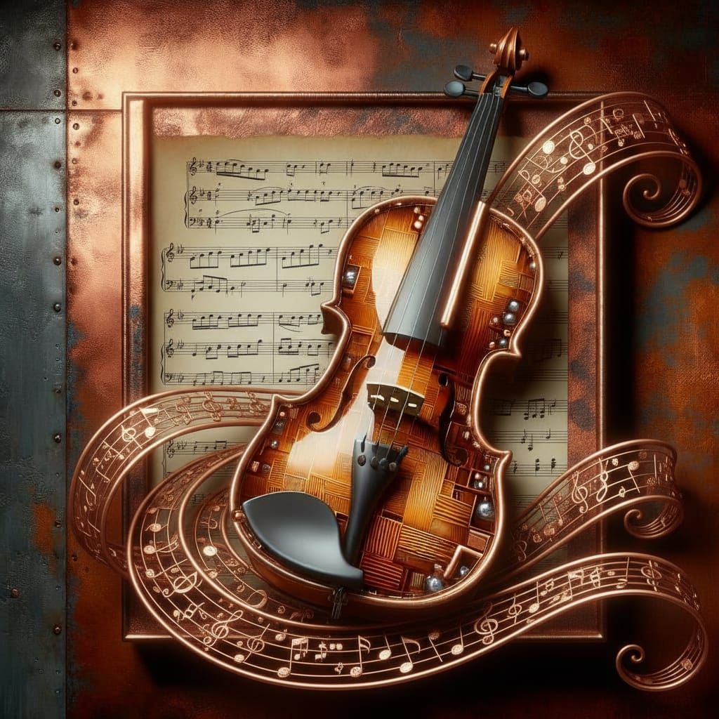 Glowing Violin and Digital Sheet Music on Copper Background