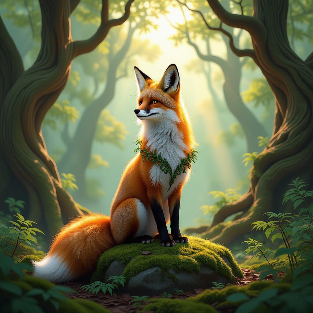 Golden Fox in Ancient Forest, Art Nouveau Splash Art