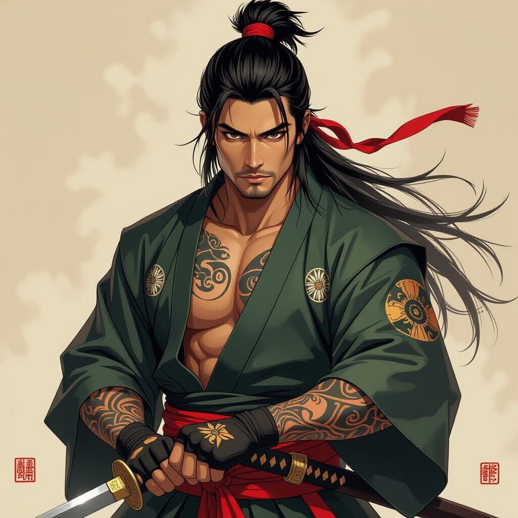 Handsome Shinobi Warrior with Katana in Ancient Japan Style