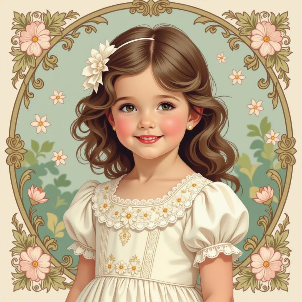 Elegant Girl in White Dress, Art Nouveau Style