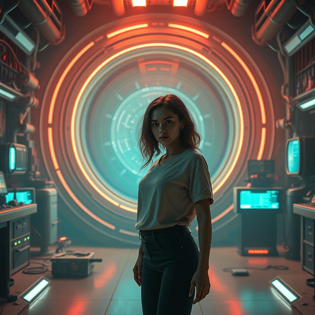 Woman Finds Portal in Futuristic Lab, Syd Mead Style
