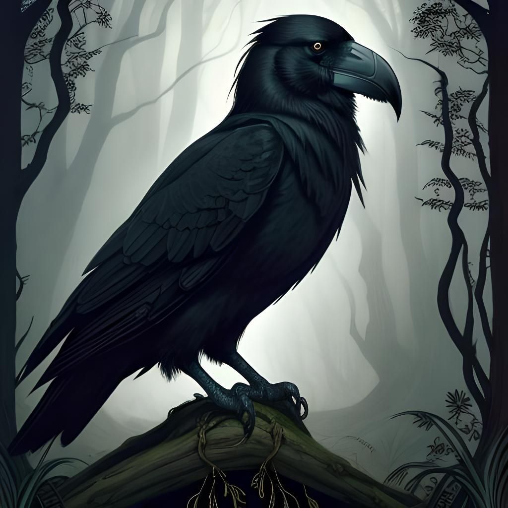 Huginn and Muninn with Antlers in Dark Woods
