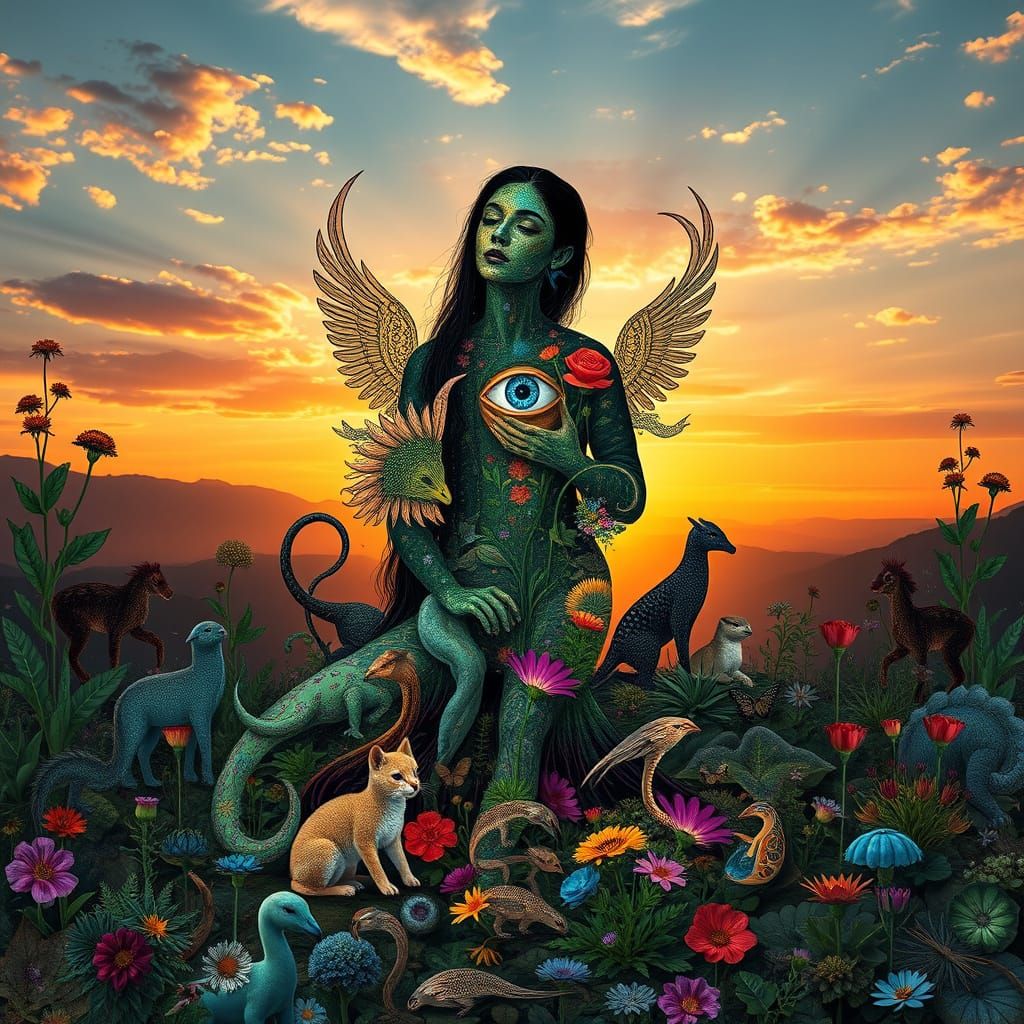 Dreamlike Collage of Mystical Creatures in Sunset Splendor