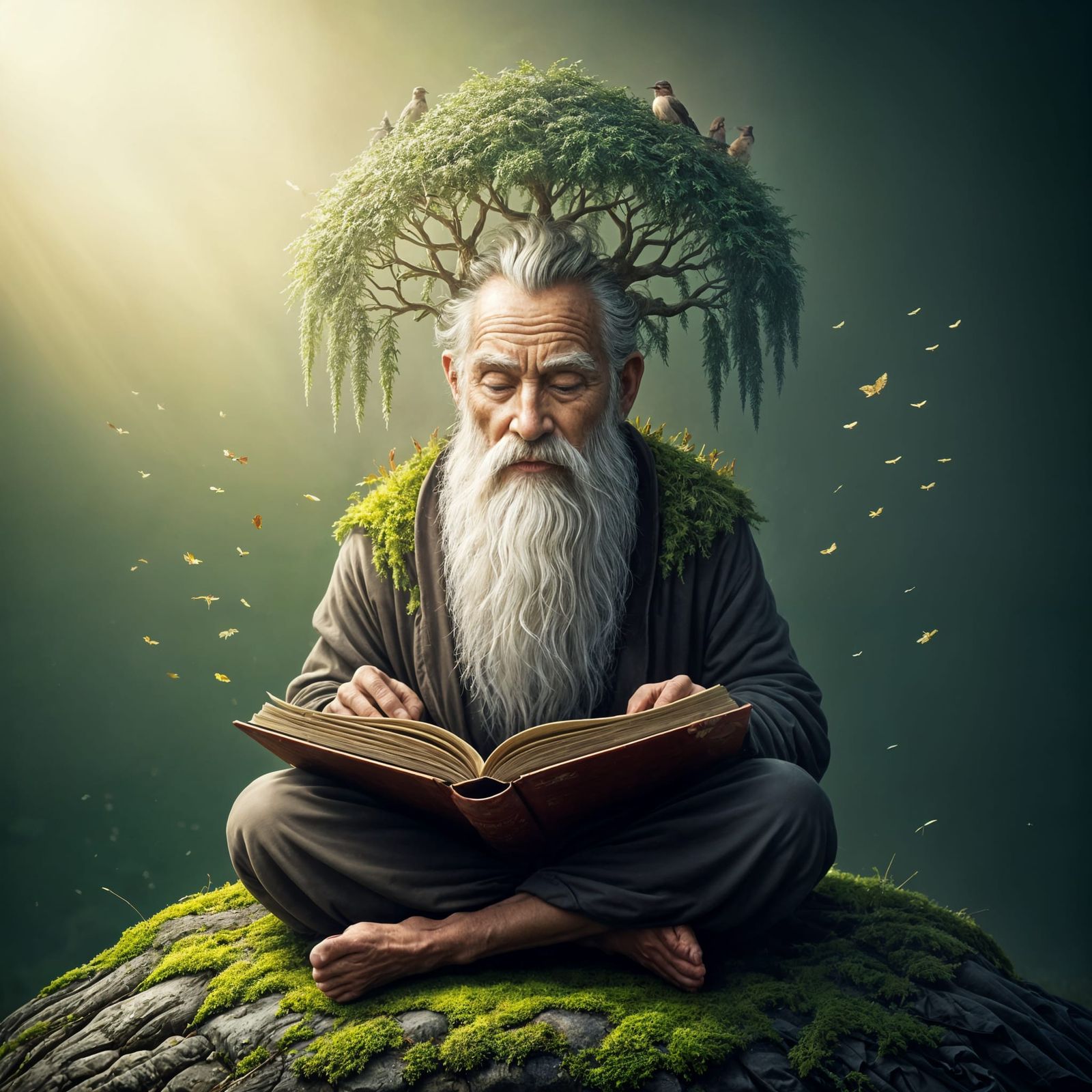 Enlightened Elder Reading with Tree Crown