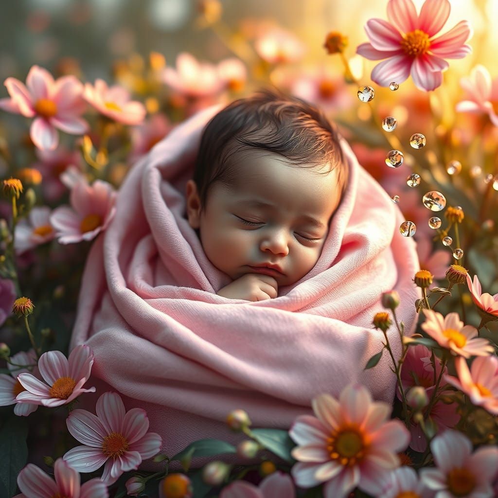 Serene Pastel Baby Amidst Vibrant Wildflowers in Soft Mornin...