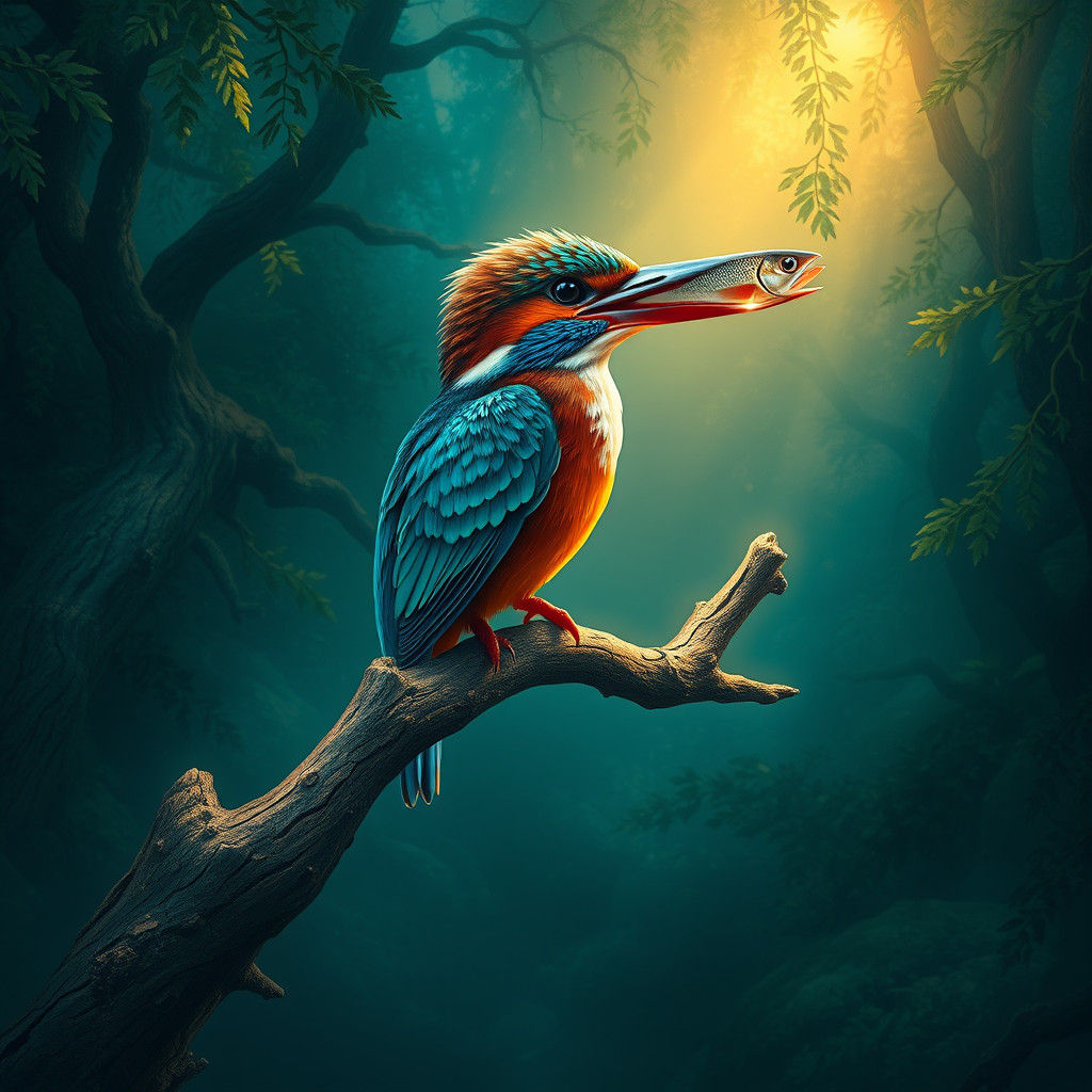 Kingfisher in Mystical Forest, Fantasy Concept Art