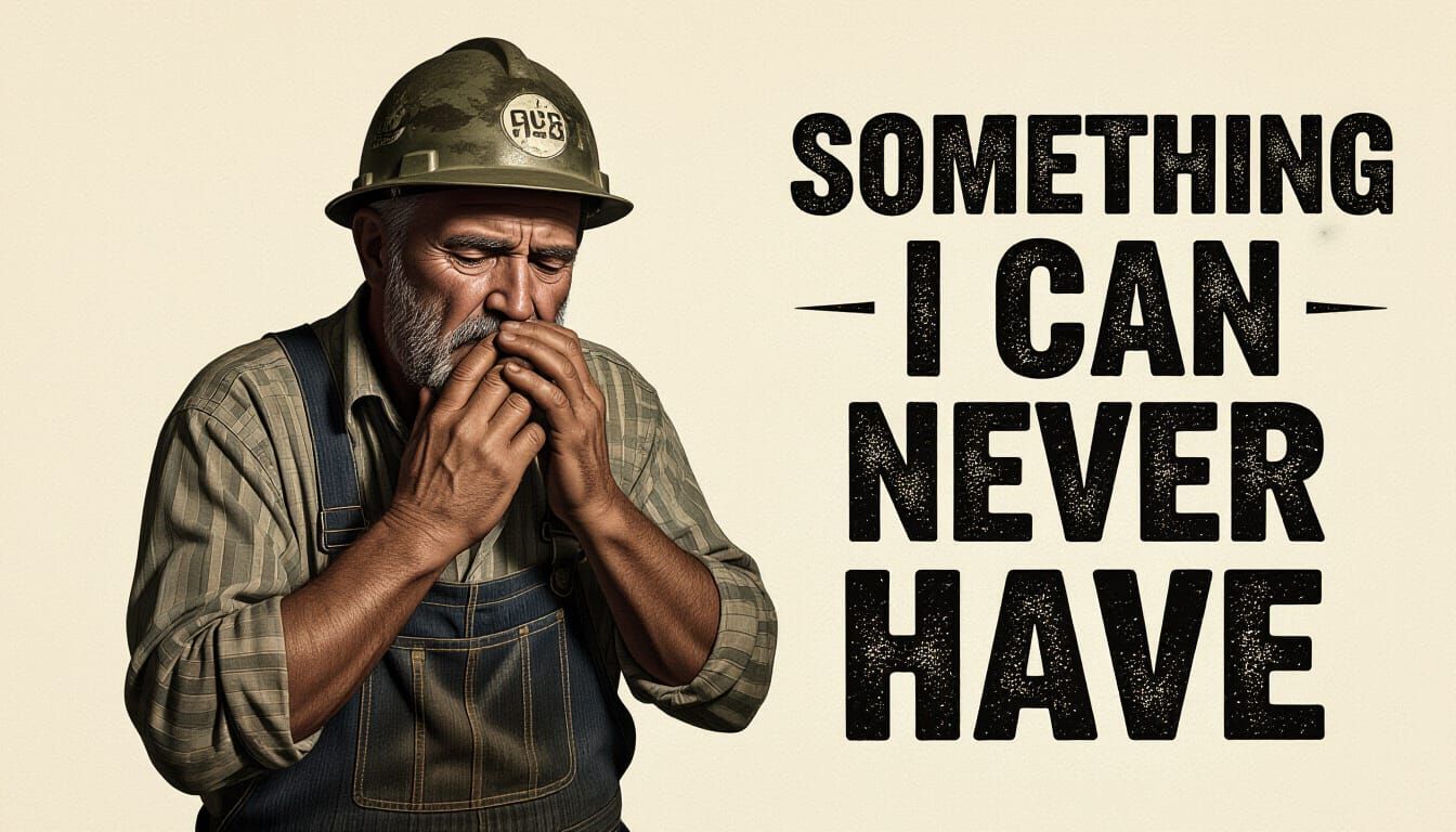 Depressed Miner in Mine with Industrial Text