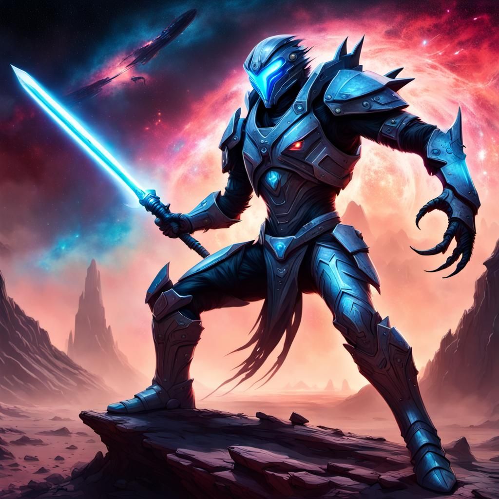 Futuristic Warrior Battles Alien Beast on Desolate Planet