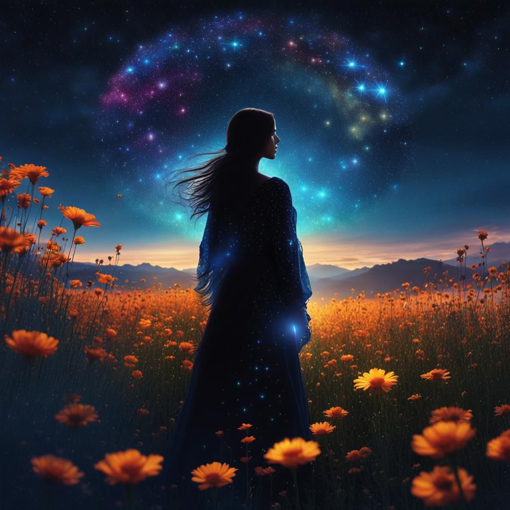 Angelic Silhouette in Starry Flower Field