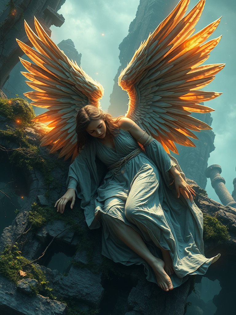 Majestic Fallen Angel on Ancient Ruins