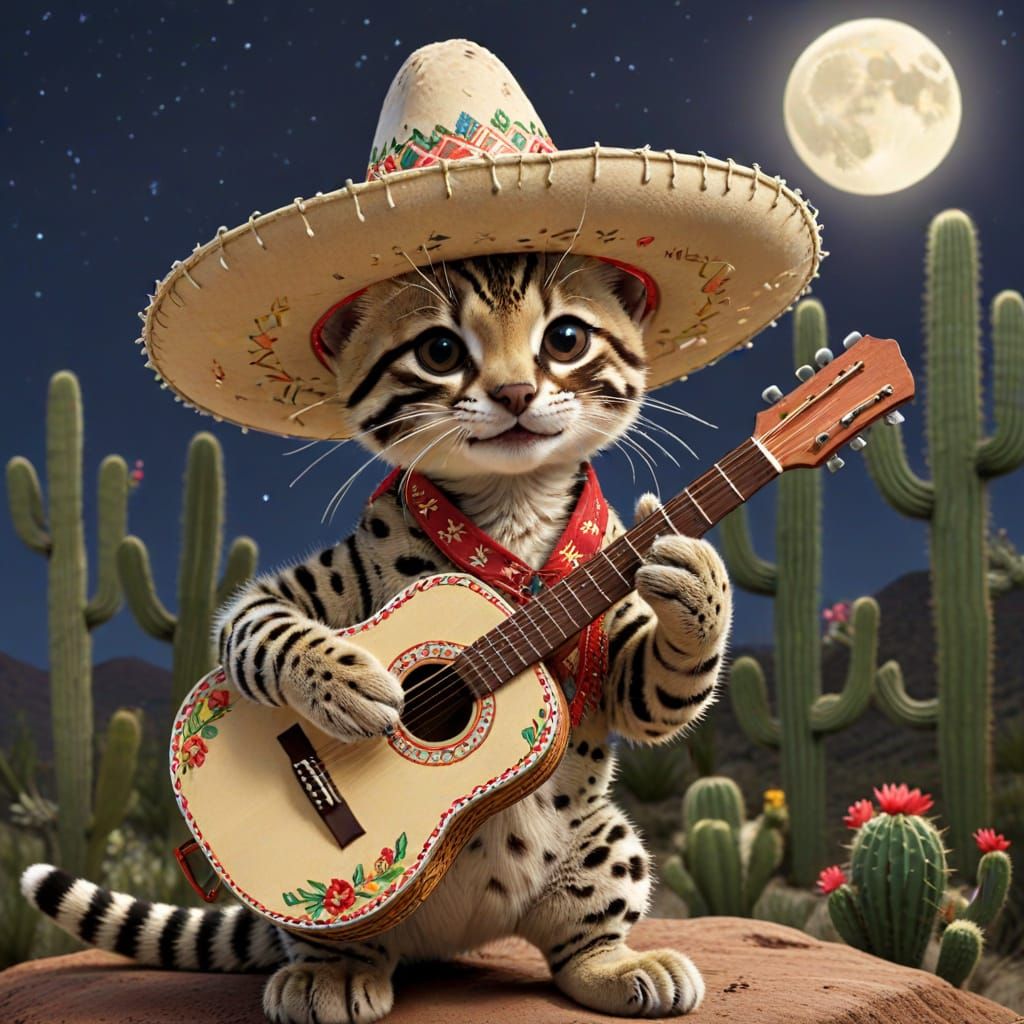 Ocelot Serenades Moon with Guitar