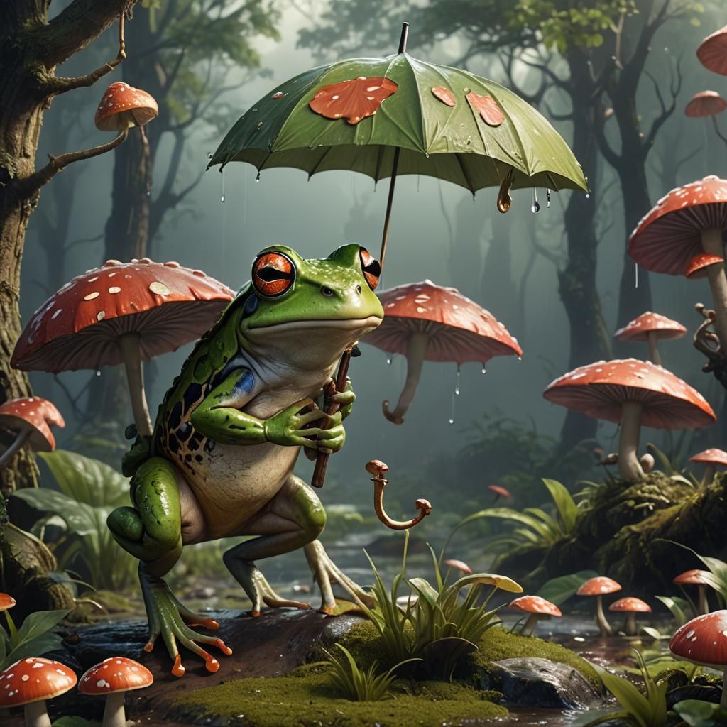 Frog with Mushroom Umbrella: Detailed Fantasy Art