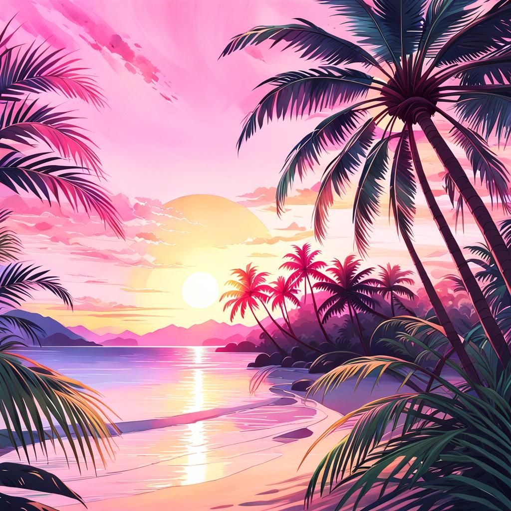 Palm Tree in Anime Style with Sunset Hues