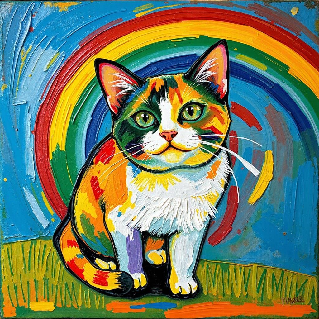 Vibrant Neo-Impressionist Cat Amidst Rainbow