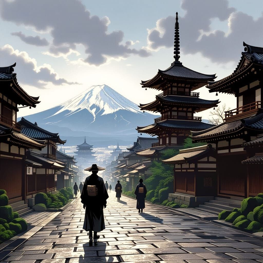 Anime-Inspired B&W Photo of Japanese Historical Event