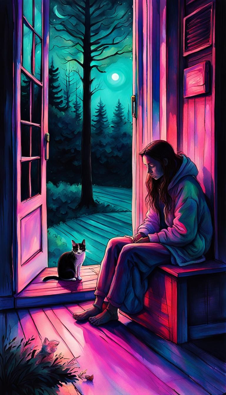 Girl with Cat on Porch: Ethereal Watercolor Illustration