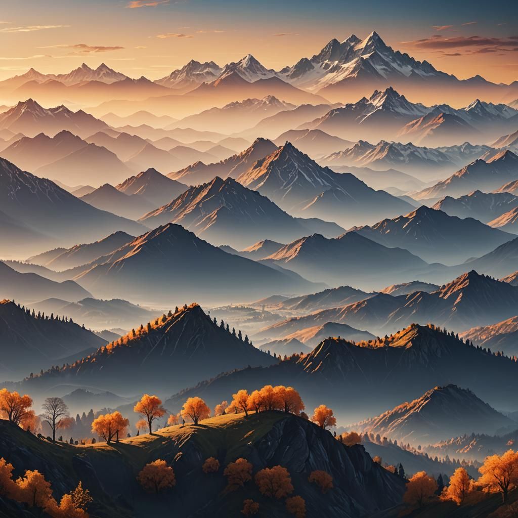Majestic Mountain Range at Sunrise in Digital Art