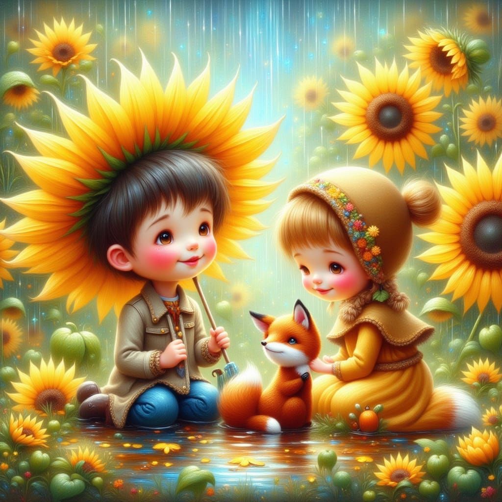 Children and Fox Under Giant Sunflowers in Gentle Rain
