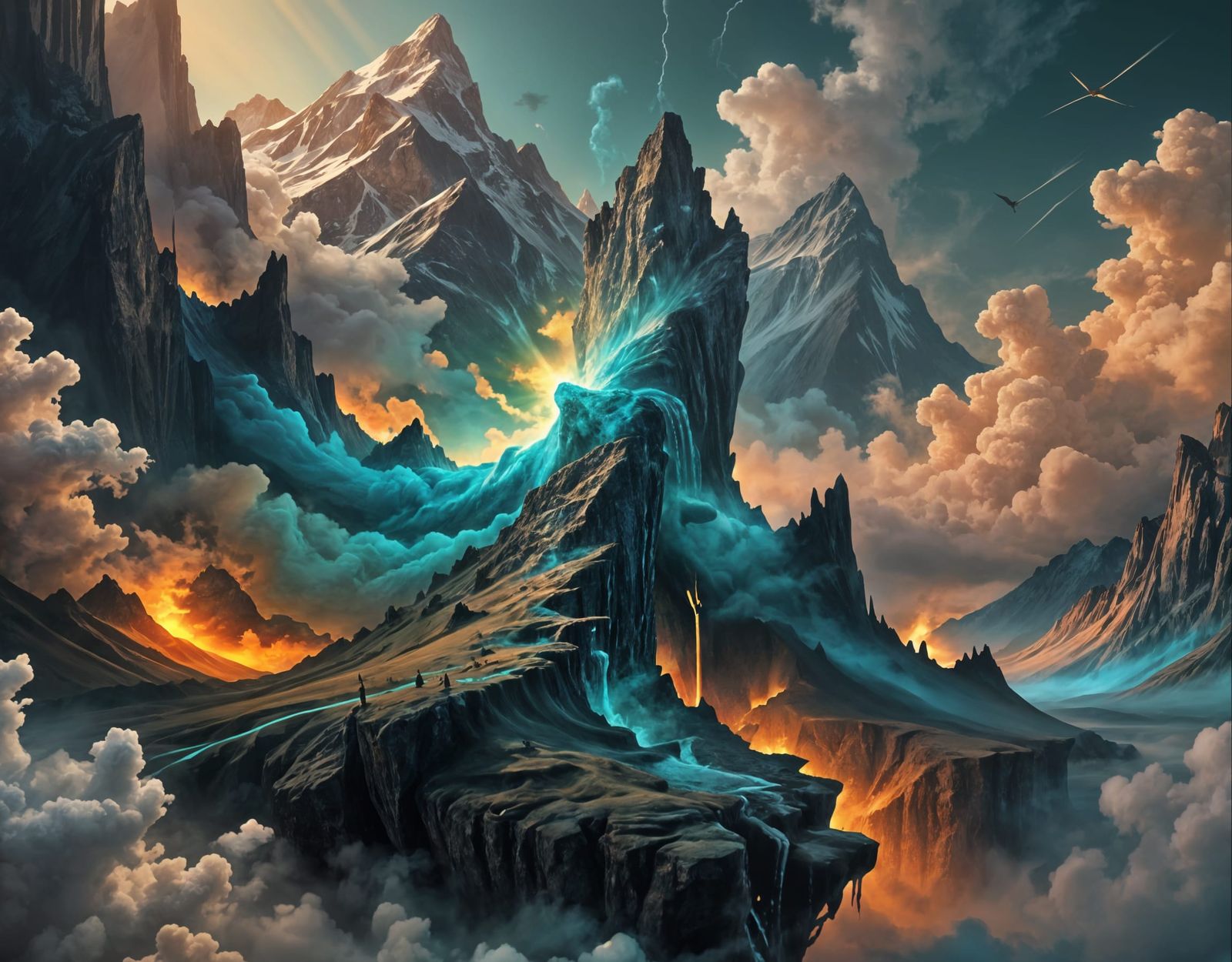 Giant Mountain Peaks in Ethereal Clouds