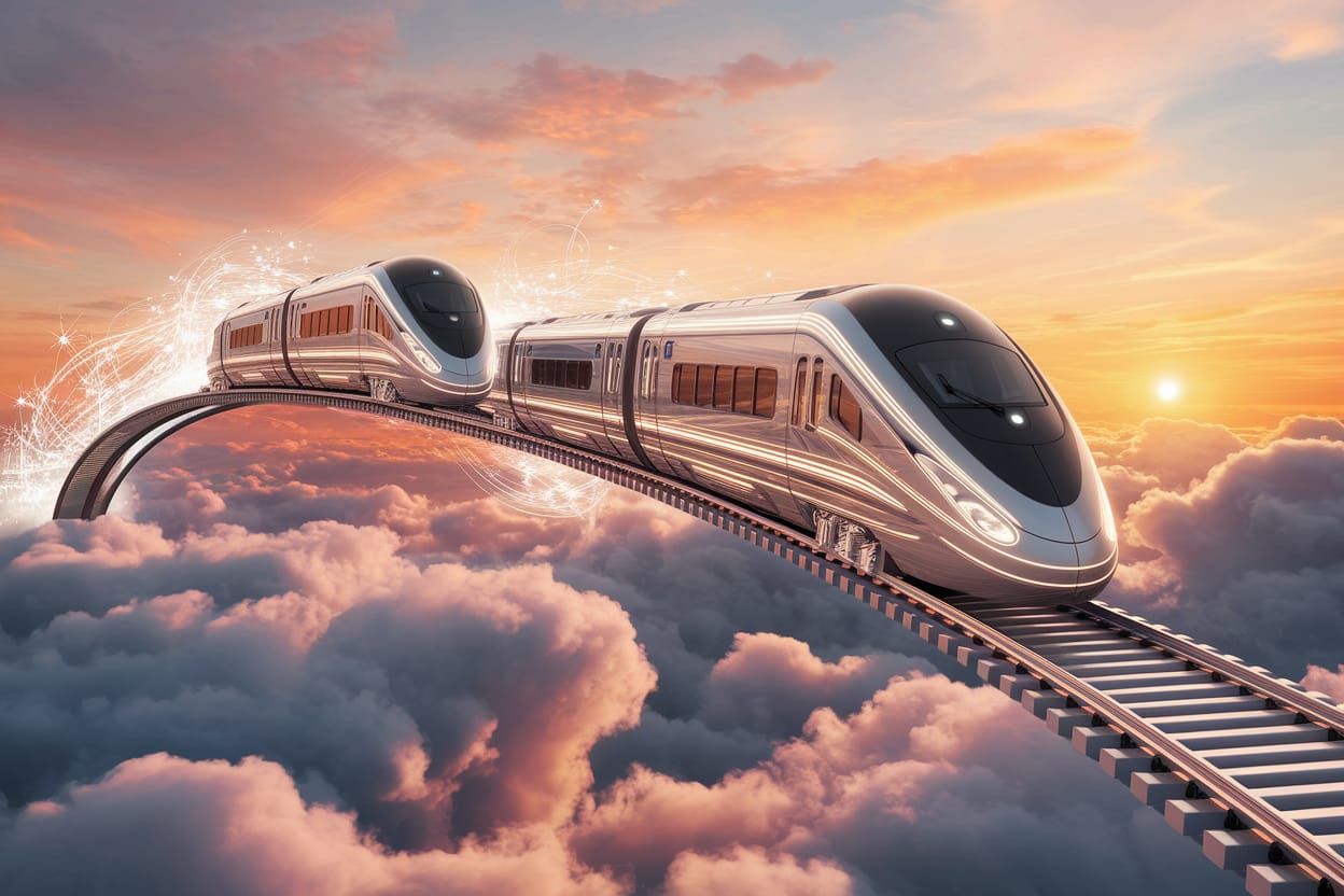 Futuristic Trains Racing in the Sky at Sunset: 3D Render