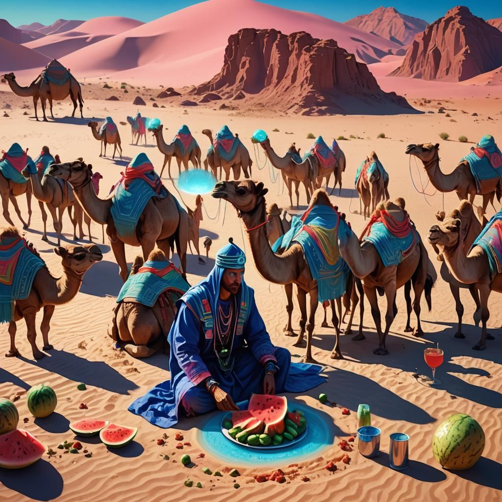 Shaman Eats Watermelon in Futuristic Neon Oasis