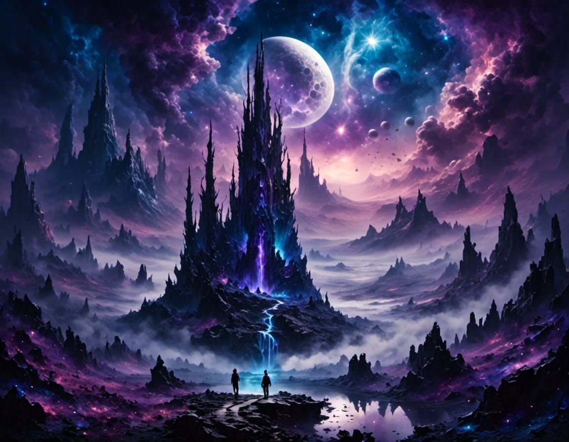 Dramatic Alien Planet Landscape with Silver Monument