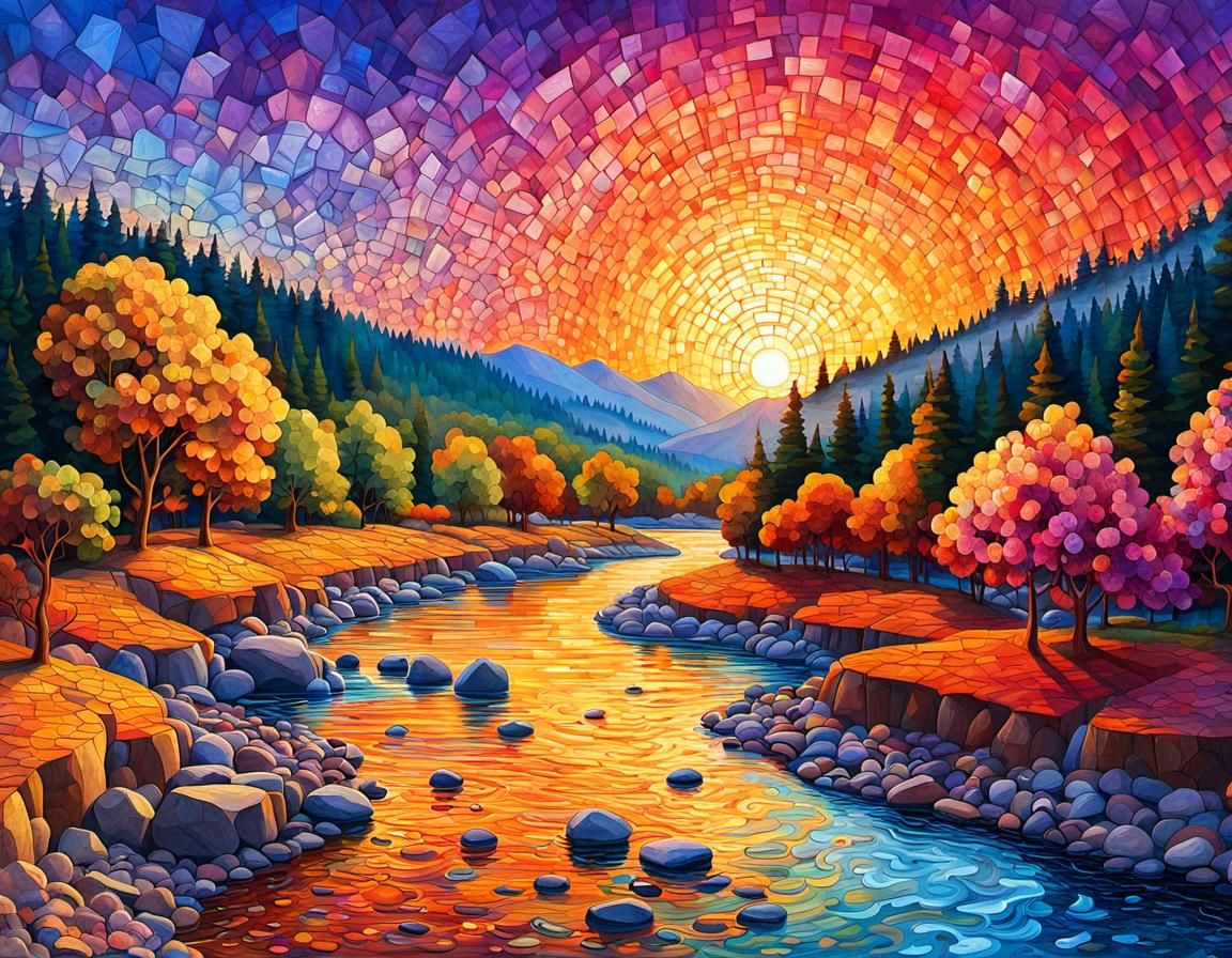 Colorful River Scene in Digital Mosaic Illustration