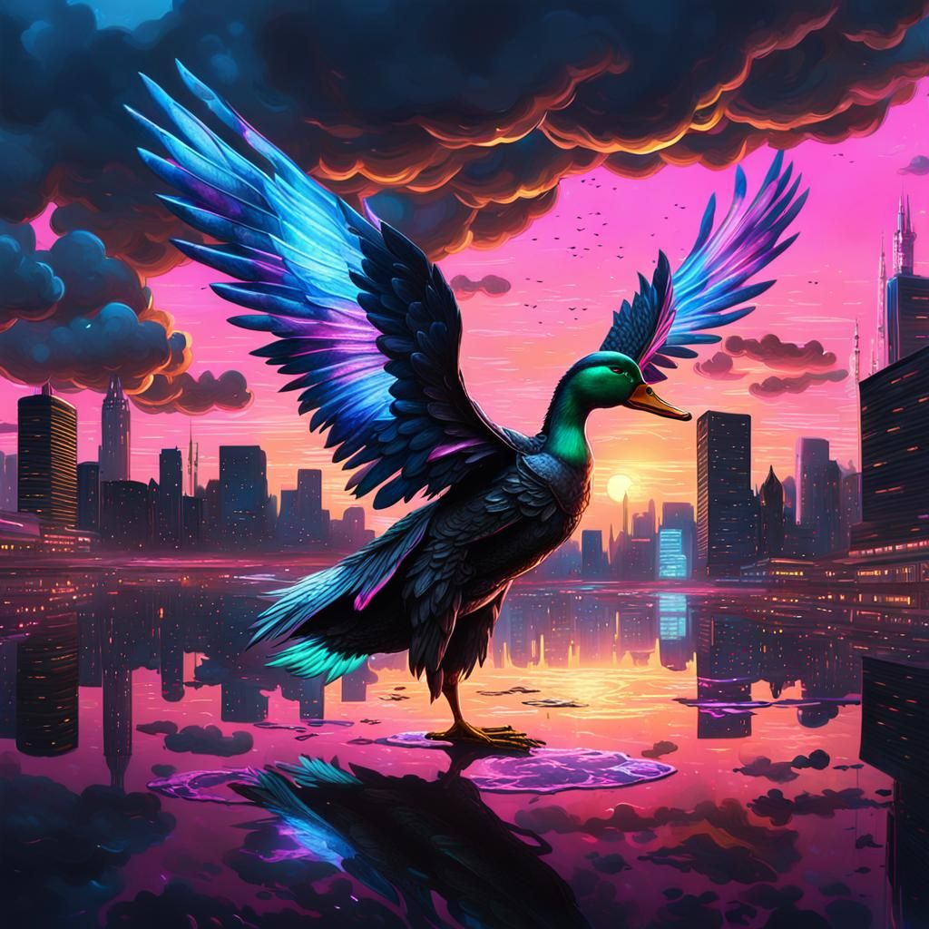 Duck Fairy Flies over Cyberpunk Cityscape