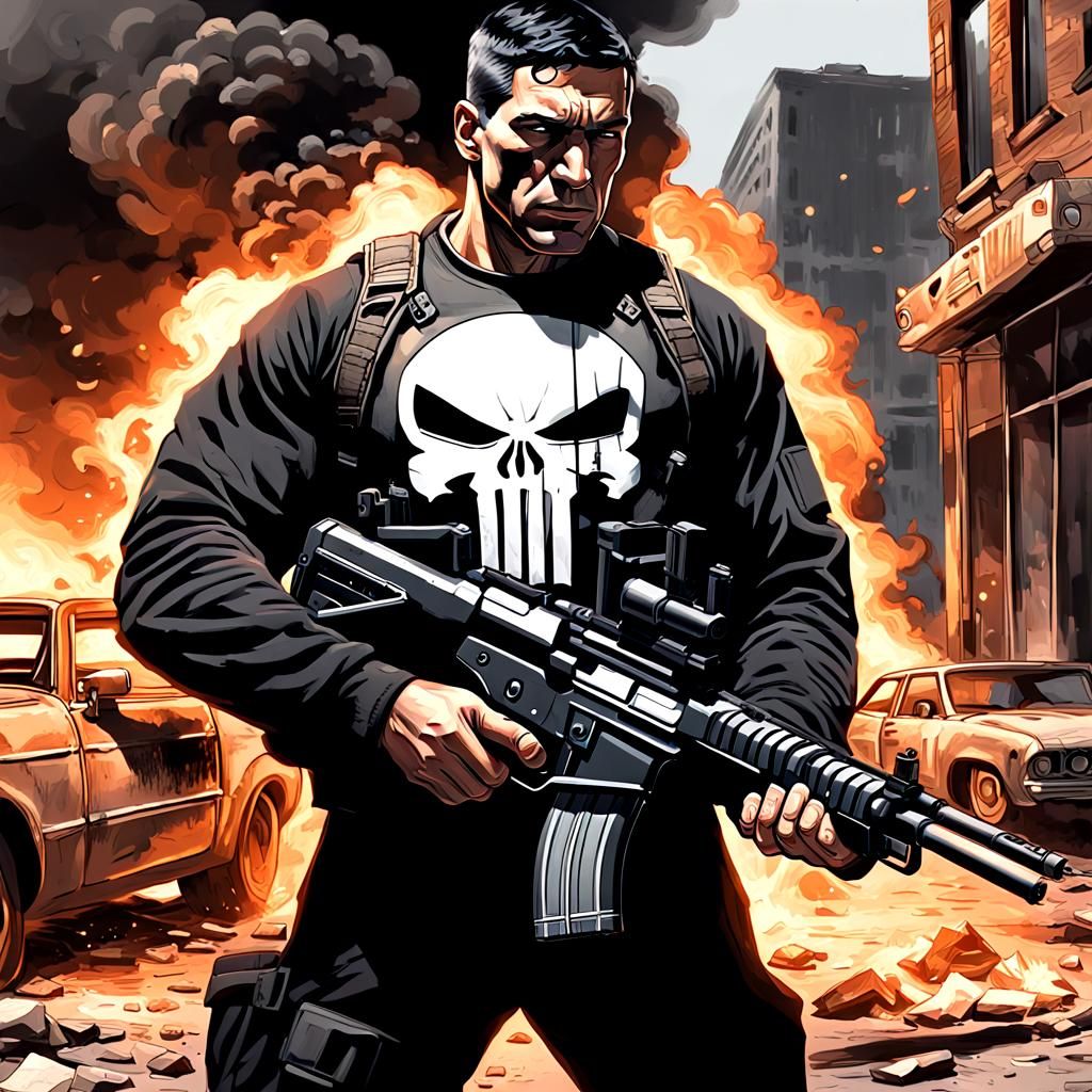 Punisher-Inspired Character in Sci-Fi Cityscape
