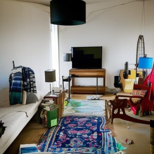 Idiot themed penthouse with trash white walls& cheap furniture& cheap tables& stupid rugs& stupid lamps that make no sen...