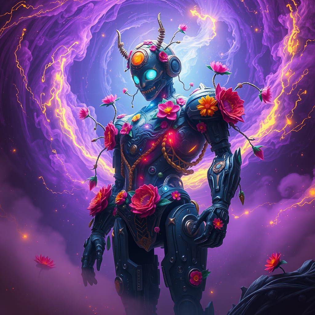 Ethereal Cosmic Robot in Vibrant Bloom
