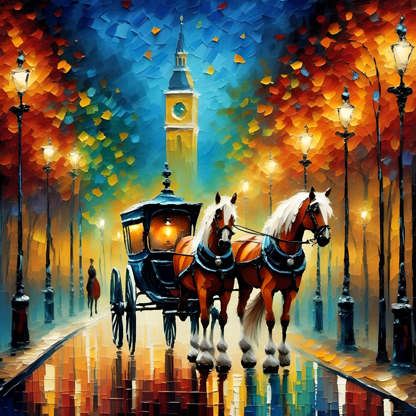 Impressionist Horse and Carriage on City Street at Night