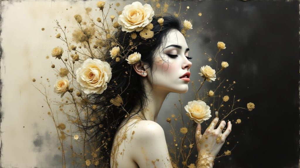 Porcelain Skin Woman Adorned with Roses in Dreamy Aesthetic
