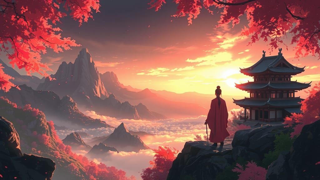 Sunset Shinto Temple Amidst Autumn Landscape