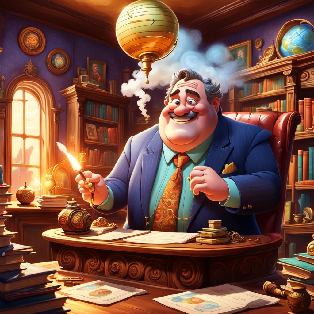 Pixar-Style Businessman at Desk with Cigar