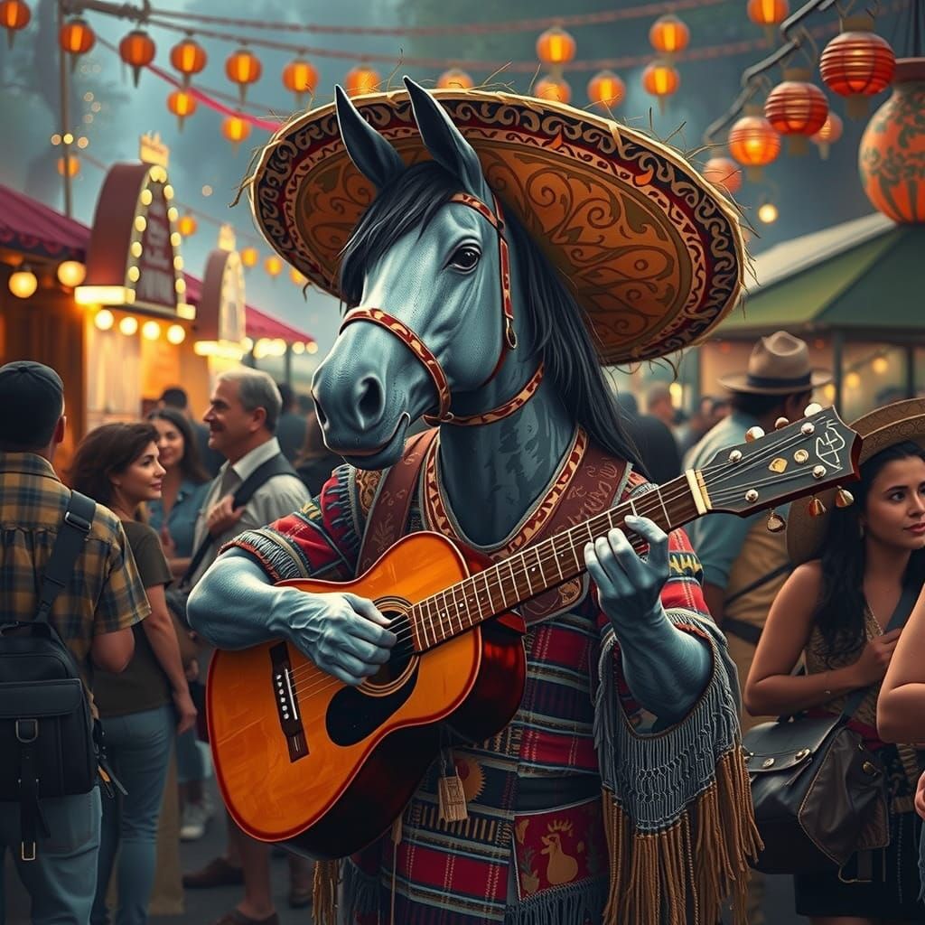 Pinto Horse at Music Festival in Matte Painting Style