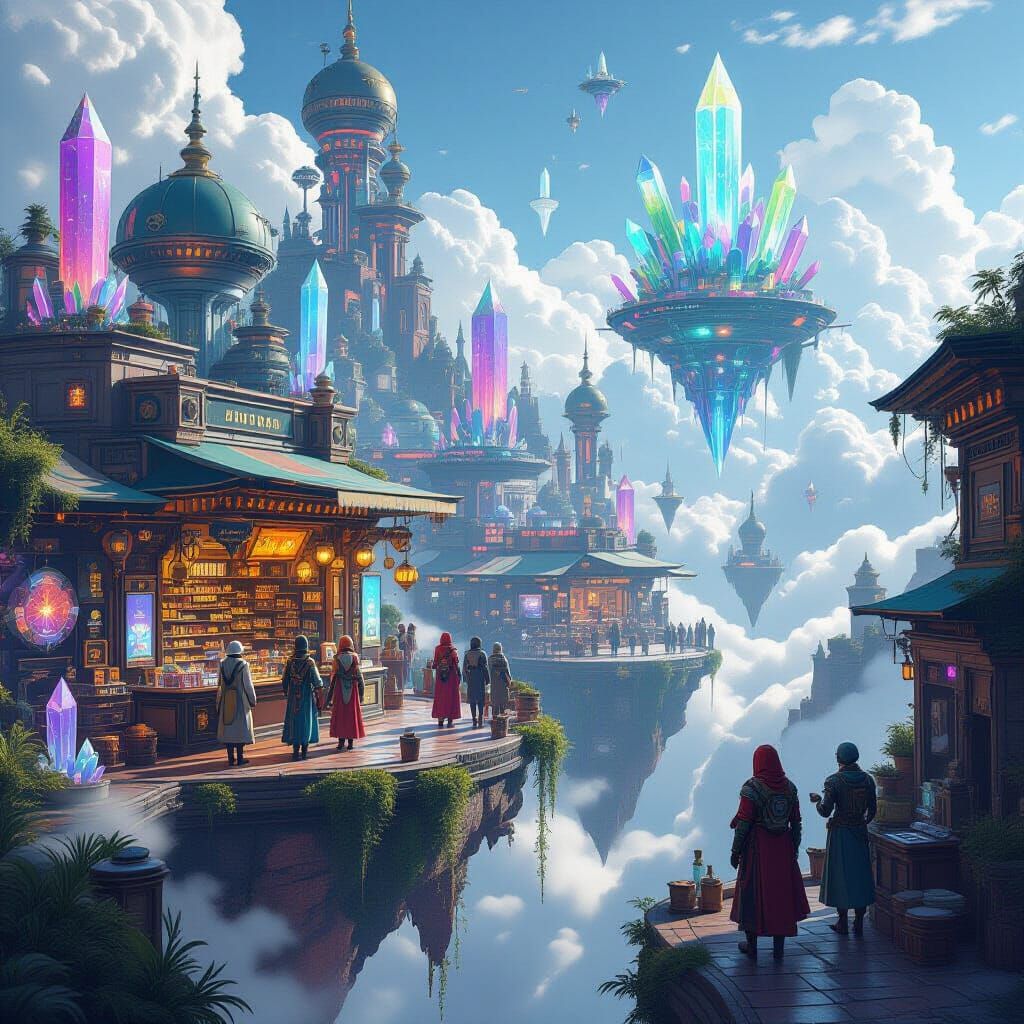 Interdimensional Bazaar on Floating Island, Surreal Art