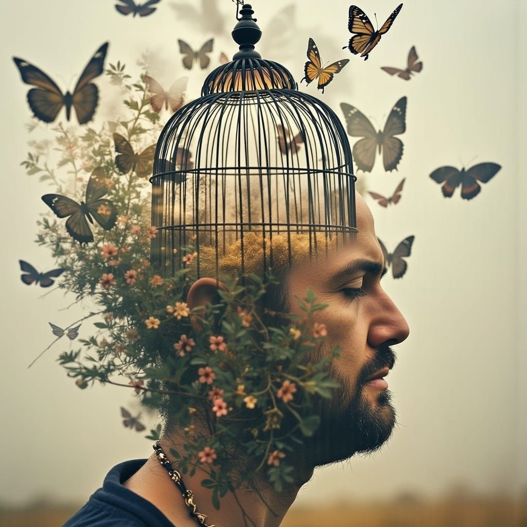 Surreal Double Exposure Photography of Man with Birdcage Hea...
