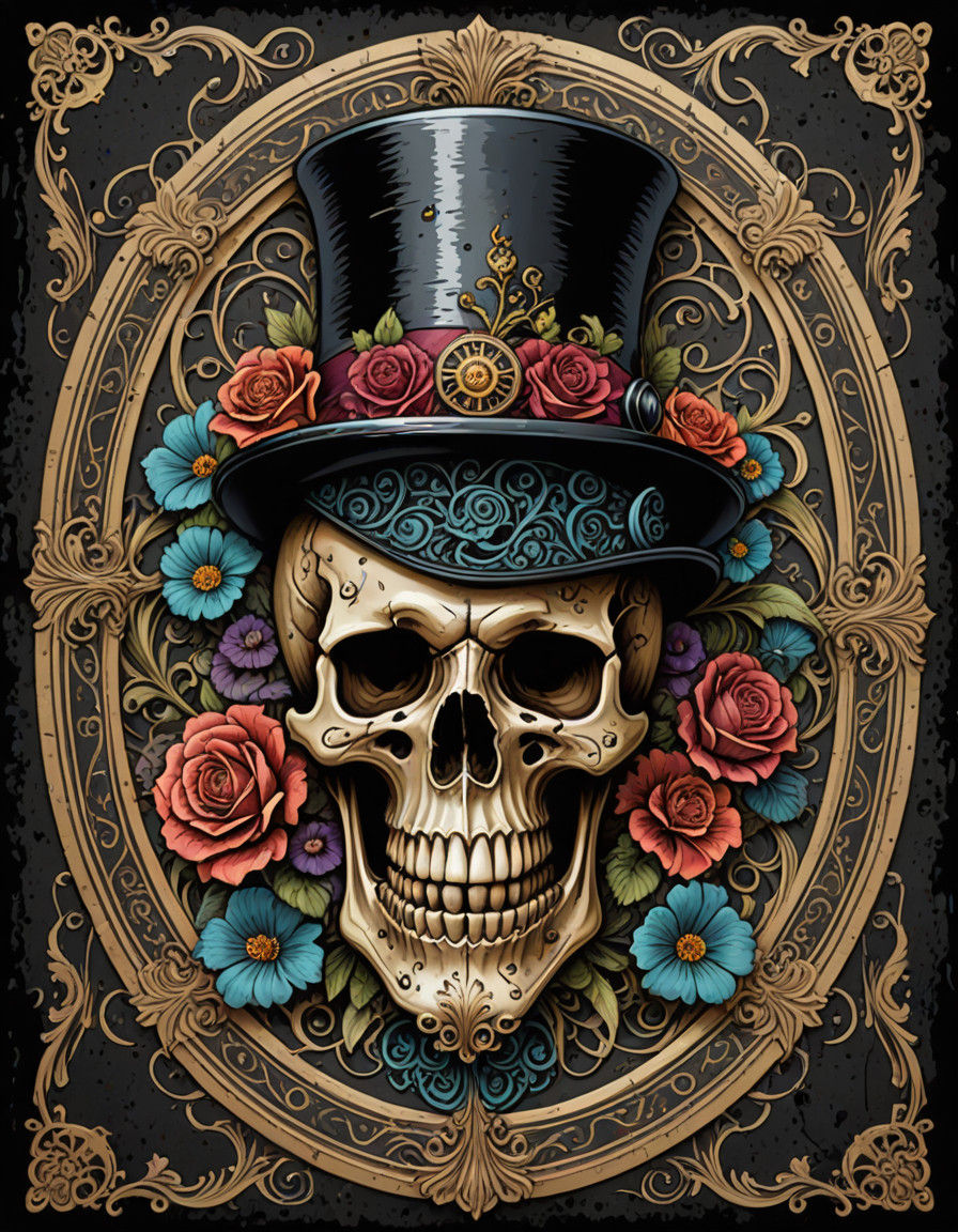 Gothic Skull Roundel in Whimsical, Art Nouveau Style