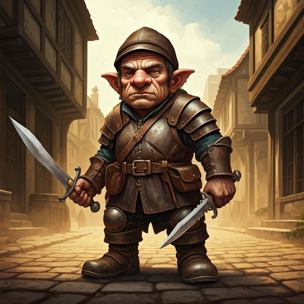 Gritty Gnome Warrior Stands Ready in Medieval Village