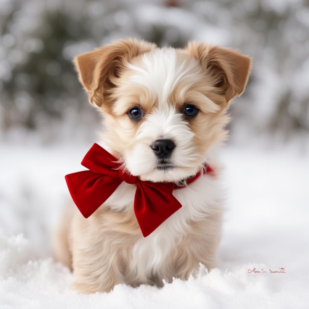 Puppy with Red Bow for Christmas