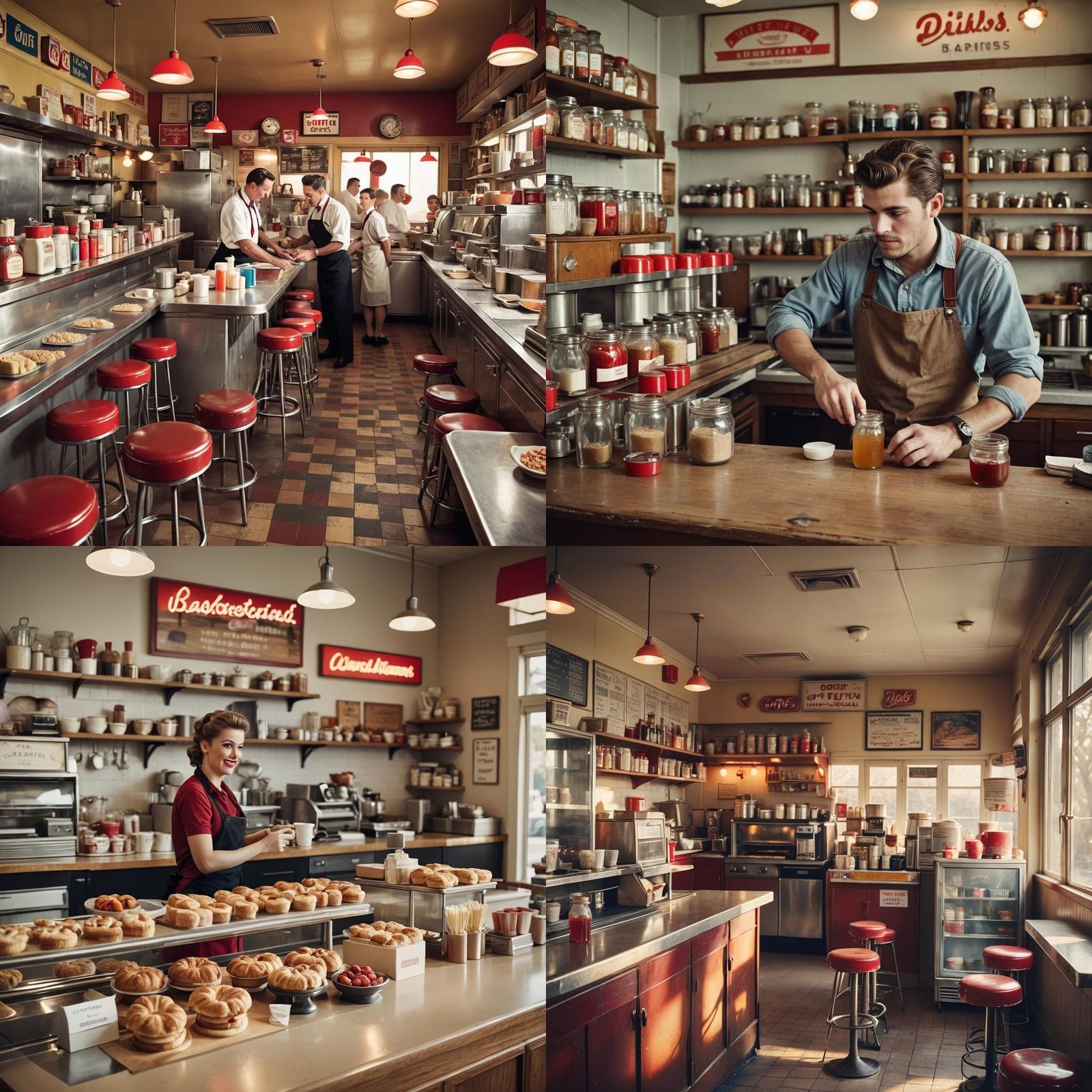 Nostalgic 1940s Cafe Interior with Red Stools