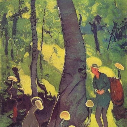 Childhood Scene with Mushrooms in Impressionist Style