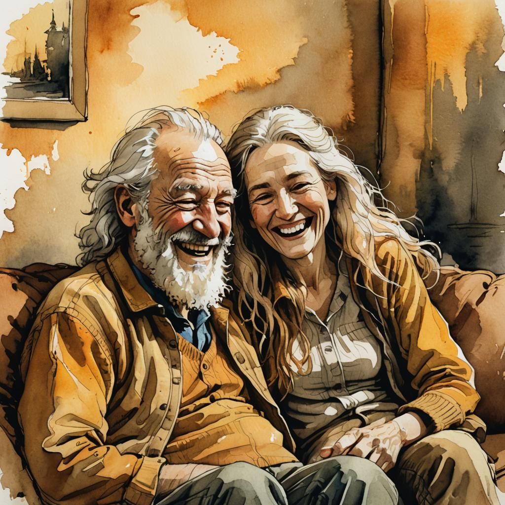 Laughing Pair in Rembrandt Style Illustration