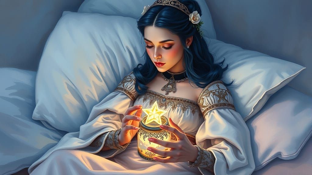 Regal Queen Contemplates Celestial Star in Whimsical Oil Pai...