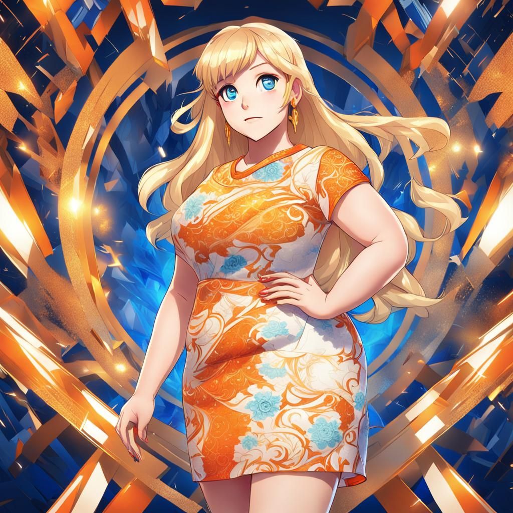 Anime Portrait of Curvy Woman in Orange Dress