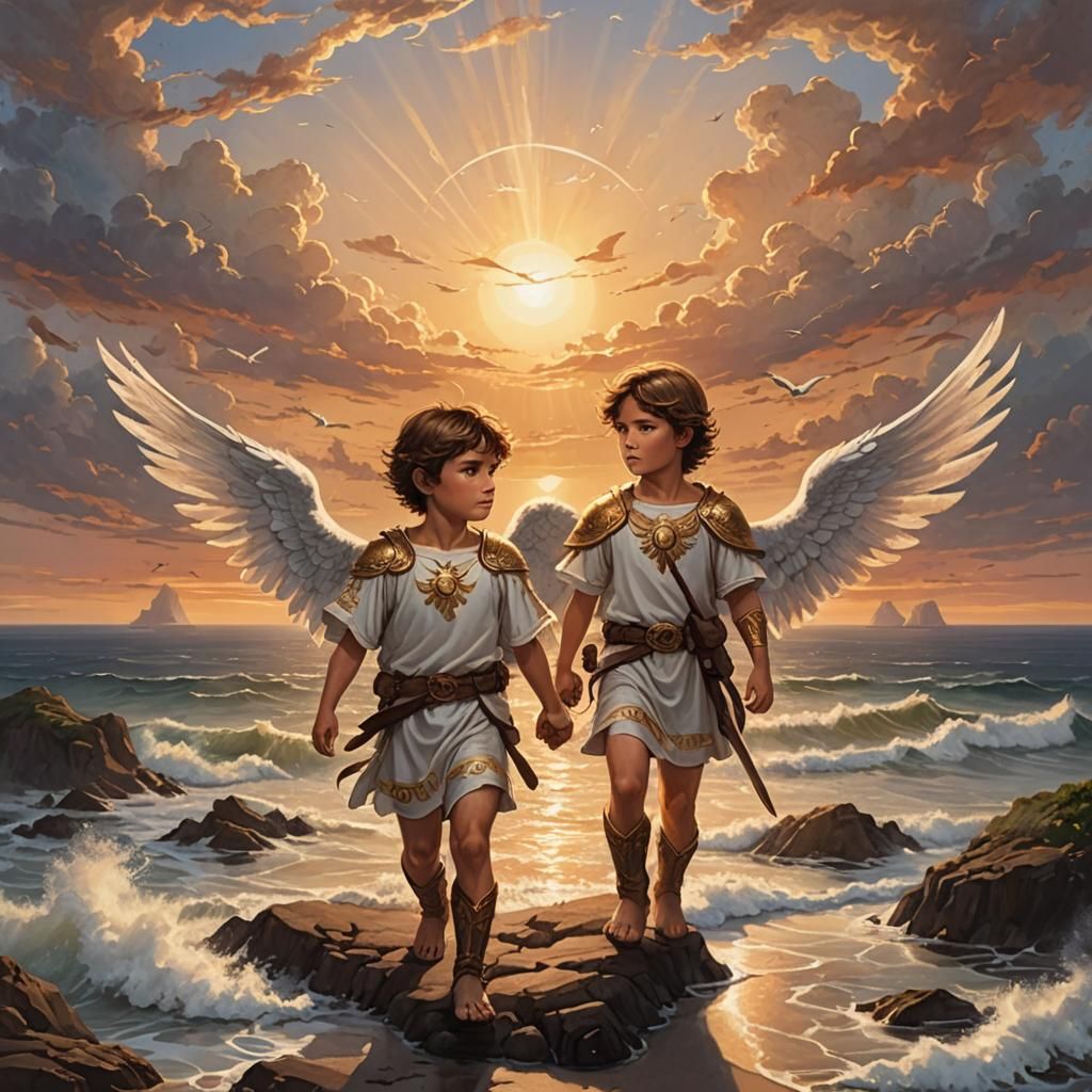 Angel Warrior Boy at Sunset Over Pacific Ocean