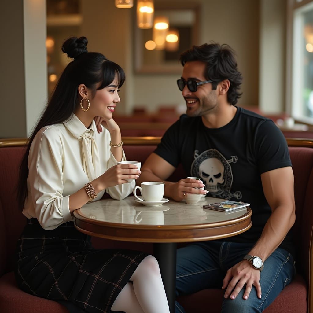 Elegant Cafe Scene: Japanese Teacher and Friend