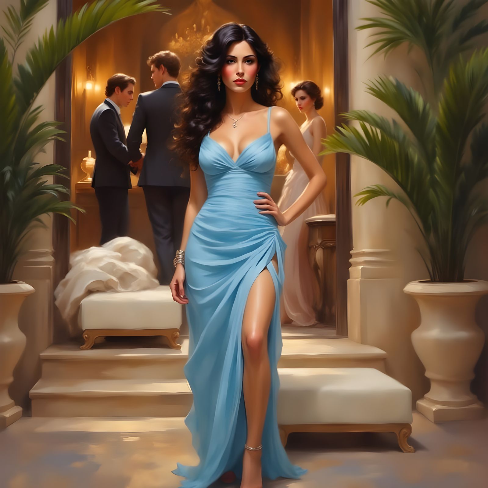 Elegant Hispanic Woman in Blue Gown at Social Event