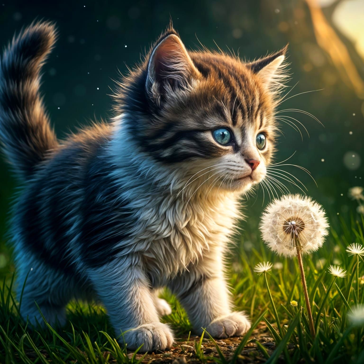 Cute Kitten Basks in Snowy Dandelion Wonderland